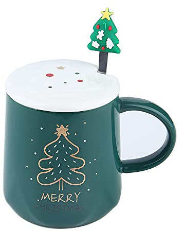XinHuiGY Taza de café de Navidad, tazas de té de cerámica con tapa 3D y cuchara, tazas de 14 onzas (Verde)