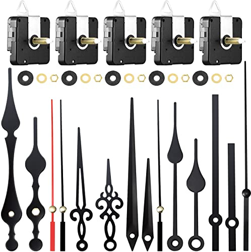 Hicarer 10 Pack Quartz Long Shaft Clock Mechanism Replacement Kit, 5 Pcs High Torque Wall Clock Movement Works Motors Parts with 5 Pairs Hands, Repair Parts Replacement DIY(28 mm/ 1.1 Inches)