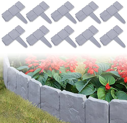 UISEBRT Rasenkante Kunstoff 12,5m Beeteinfassung Gartenzaun Beetumrandungen Steinoptik Randsteine Palisaden Garten Dekorativ Border Blumenbeet, 1 Element (L x H): 25cm x 23cm, Grau