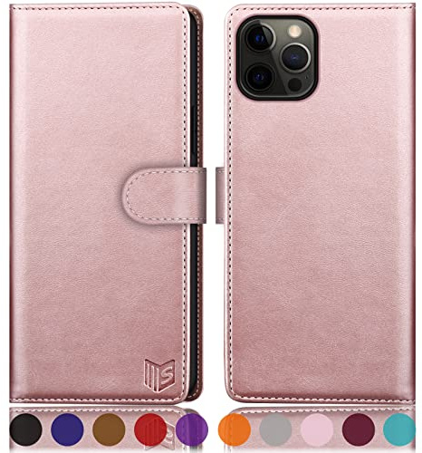 SUANPOT [RFID Schutz für iPhone 12 Pro Max 6,7-Zoll Hülle PU Leder Handyhülle Lederhülle Klapphülle Kartenfach Flip Cover für Apple 12 Pro Max Handy hülle Leather Wallet Phone Case Roségold