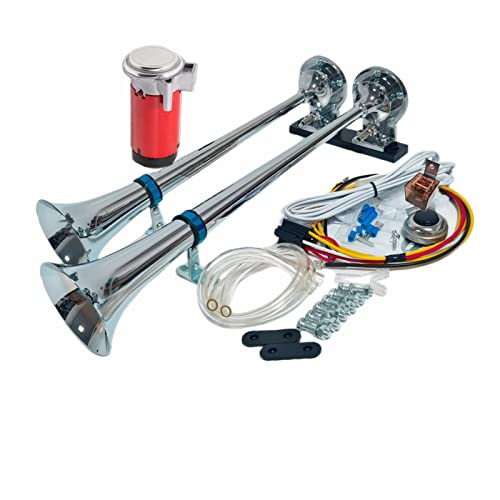 YIYIDA Clacson per auto Clacson per camion 175db Clacson per auto Argento Car Horn Tono alto e basso tono Corno zinco cromato doppio tubo con compressore rosso Air Horn per 24V auto yacht barca ecc
