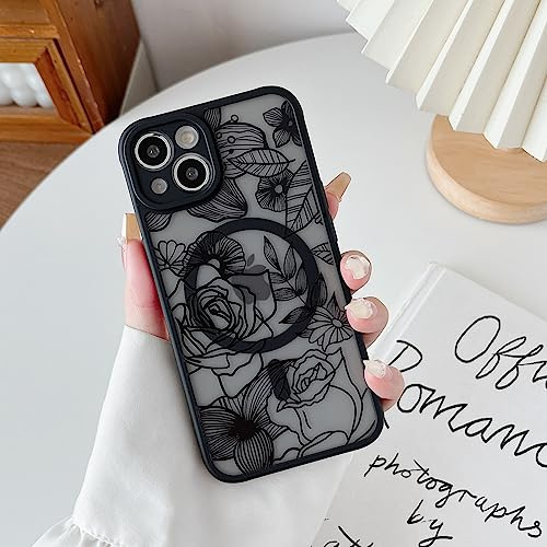XIZYO Rose Blume Magnetisch Hülle für iPhone 13, Schwarz | Niedlich Ästhetisch Rose Floral Muster, Luxus Vintage Mädchen Stil, Matt Transluzent, Schlanke Dünne, Stoßfest Anti-Gelb