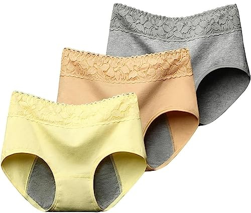 BLUEZY Damen Menstruationshöschen, 3 Stück Auslaufsicher Periodenunterwäsche, Menstruationshöschen mit hoher Taille für Menstruationszyklus Postpartum Schützende G,47-57kg