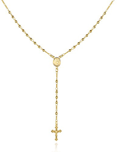 Barzel 18K Gold Plated Virgin Mary Rosary Bead Cross Necklace - Made In Brazil (20 Inches)