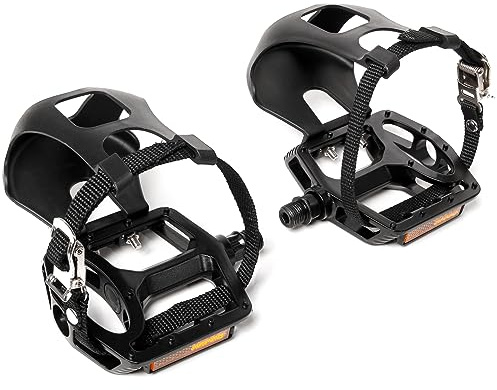 Bucklos Bike Pedals with Toe Cages and Straps - Bicycle Toe Clips Cage Compatible with Road Bike/Peloton/Mountian Bikes/MTB - Toe Clip Pedal for Wide Shoes Indoor Outdoor Cycling