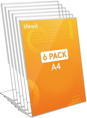 Lifewit Confezione da 6 Porta Cartelli in Acrilico A4, Supporto Trasparente a Forma di L, Cornice per Foto in Plastica, Espositore in Carta per Reception, Ufficio, Negozio, Ristorante