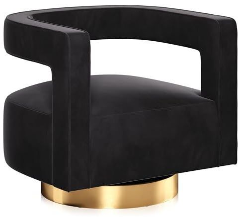 BELLEZE Swivel Barrel Accent Chair, Modern Upholstered Arm Comfy Velvet Curved Back Round Chair with Gold Base Wood Frame, 360 Degree for Living Room Bedroom Office,Black