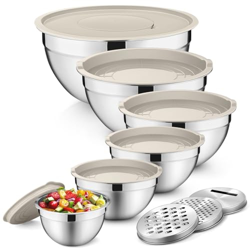 TEAMFAR Rührschüssel 6er Set, Edelstahl Schüssel Set mit Deckel für Küche, Salatschüssel mit 3 Reibenaufsätzen & Luftdichtem Deckel, 4,6L/2,8L/2,5L/1,6L/1,2L/0,7L, Stapelbar, Kahaki