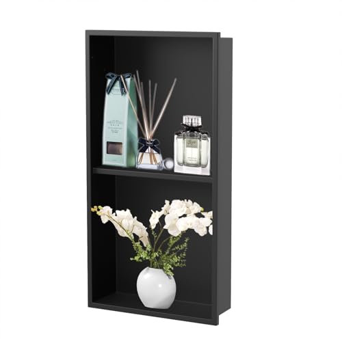 Homevacious 12×24 Stainless Steel Shower Niche No Tile Needed Matte Black Double Shelves Bathroom Niche Shelf Rimless Recessed Wall Niche for Bathroom Storage