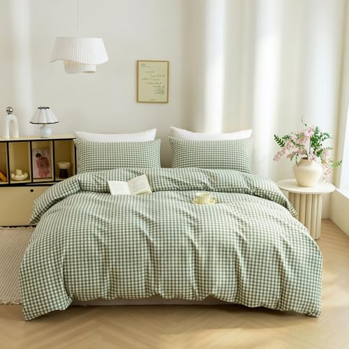 Ruccit Ensemble de housse de couette en gingham vert pour lit double, 100 % coton lavé, carreaux à grille, ensemble de literie 3 pièces avec fermeture éclair, coins élastiqués, doux, respirant