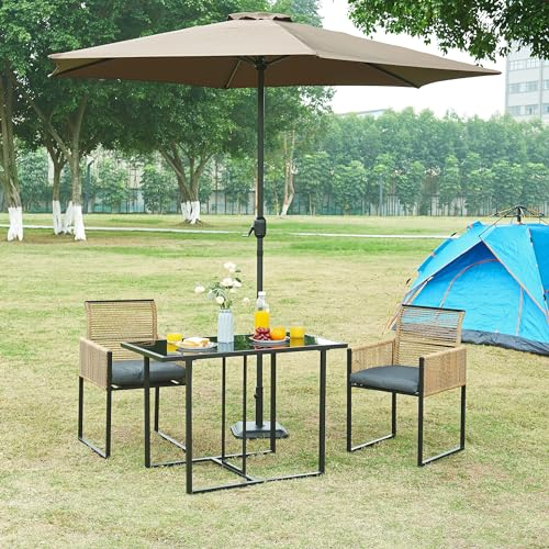 casa.pro Gartenmöbelset Accadia 3-TLG. Garten Essgruppe Gartentisch mit 2 Stühlen mit Kissen Sitzgarnitur Outdoor Glastisch Metall Balkonmöbel Set wetterfest Schwarz/Braun