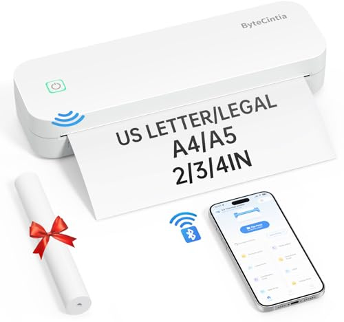 ByteCintia Stampante Portatile, D80 Stampante Termica A4 Compatibile con Phone via Bluetooth, Windows e macOS via Cavo USB, Stampante Inkless per Viaggi, Lavoro, Casa, Stampa Solo su Carta Termica.
