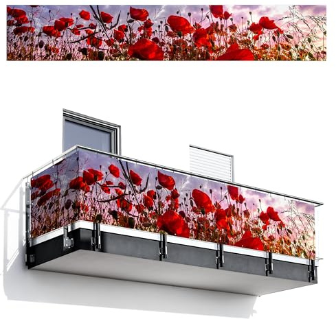MuchoWow© Balkon Sichtschutz Einseitig 85x500 cm Groß PVC Kunststoff Garten Windschutz ohne Bohren Wetterfest Sichtschutzzaun Terrasse Balkonverkleidung Deko Panorama - farbenfroh - Mohnblumenfeld