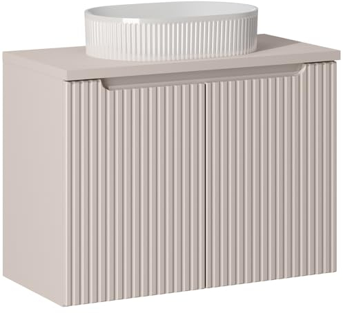 Lomadox Badezimmer Waschtisch 80cm mit Aufsatz-Waschbecken, Kaschmir, gerillte Front