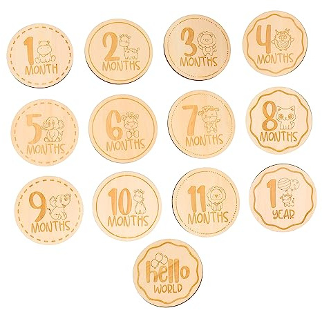 VICASKY 13 Stück Milestone Holz Kartenset mit Niedlichen Cartoon Tiermotiven Polierte Oberfläche Glatte Haptik Babyzimmer Wanddeko für Neugeborene