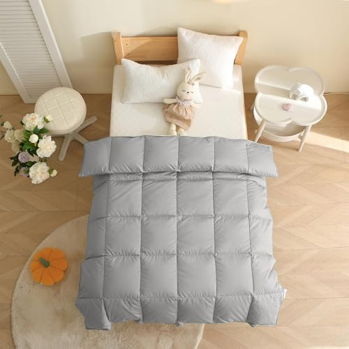 HyBikuly Crib/Toddler Comforter, 100% White Goose Down All Season Toddler Blanket,Skin-Friendly Cotton Shell,Noiseless,Machine Washable (Gray, 41x48in)