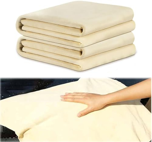 2PCS Chamois Leathers for Cars, Car Drying Wash Detailing Buffing Polishing Cloth for Cleaning,Natural Shammy Leather Cloth Fast Drying,Leather Cloth for Windows, for Cars And Every Surfaces-50 x 40cm