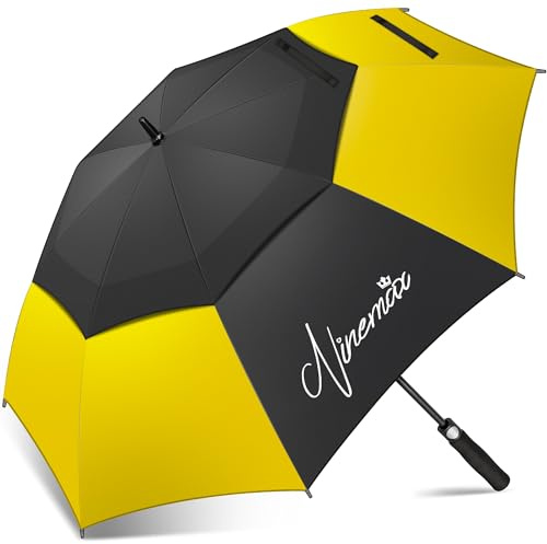 NINEMAX 62inch Golfparaply Dubbelt Tak Vindtätt,Extra Stort Golfparaply Regnsäkert med Rem för Män Kvinnor Familj(Svart/Gul)