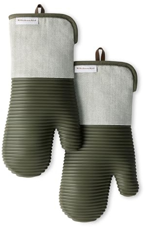 KITCHENAID® Evergreen Design Series Herringbone Ribbed Soft Silicone Oven Mitts 2-Pack Set, Heat Resistant up to 500°F, Flexible & Waterproof, Deep Forest Green, 7x14