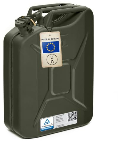 BW® Benzinkanister Metall 20 Liter - Kraftstoffkanister Bronzegrün - RAL 6031-F9 - TÜV-geprüft und UN-Zulassung - 0,9mm Stahl nach DIN 7274 für Benzin Diesel E10 2-Takt - Made in Europe