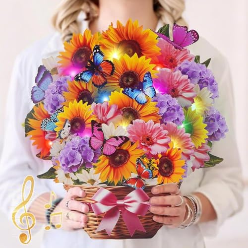 WUJUN Birthday Cards, Mothers Day Cards with Music & Lights, Pop Up Happy Birthday Card, Sunflower & Butterfly, 10 Inch Life Sized Forever Flower Bouquet Greeting Card for Women Mom Wife Daughter