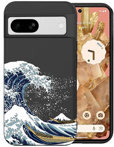 Unov Case Designed for Pixel 7a, Black Phone Case with [Anti-Slip Embossed Pattern], Shockproof Slim Protective [Anti-Scratch TPU] Back Cover, Great Wave
