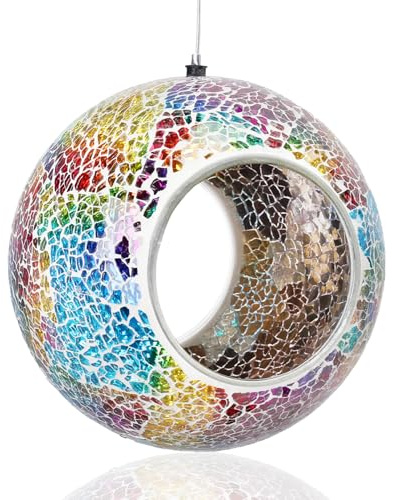Yinns Vogelfutterstation – Mosaik-Vogelfutterspender zum Aufhängen im Freien mit rundem Glasbehälter, Vogelfutterstation für Gartendekoration, 16,5 cm, mehrfarbig