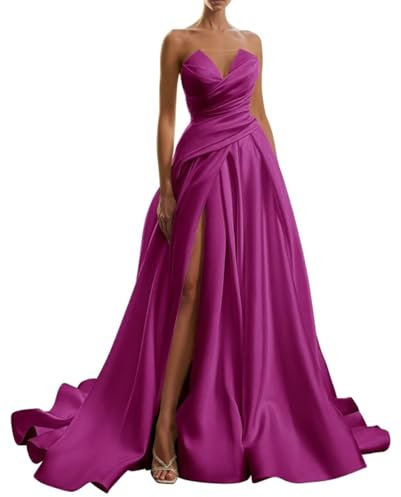 Vestidos de novia de satén sin tirantes para mujer con abertura, plisados, vestidos de noche formales para invitados de boda, talla grande, fucsia, 52 Grande
