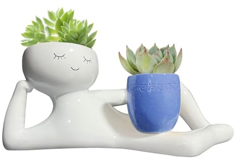 Pot de Fleurs Motif Homme couché - Motif Visage Souriant - Cactus - avec Drainage - Figurine allongée - pour intérieur et extérieur