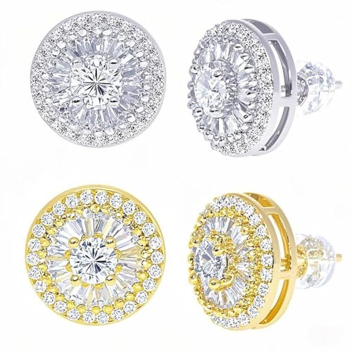 LuReen Earring Studs for Men Women - 18K Gold Plated Round Cubic Zirconia Stud Earrings Set, Iced Out Round CZ Studs, Simulated Diamond Halo Earrings (2 Pairs)