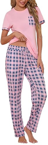 Litherday Ensemble de Pyjama Femme Coton à Manches Courtes | Vêtements de Nuit Bas de Pyjama à Carreaux Vêtement d'Intérieur Automne et Hiver