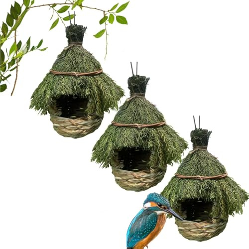 Set of 3 Handmade Straw Bird Nests, Handwoven Bird Houses with Natural Grapevine Branches, Decorative Bird Nesting Box for Outdoors, Shelter for Canaries and Wild Birds, Hanging