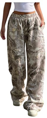 RoseSeek Women's Y2K Camo Maple Leaf Print Sweatpants Baggy Hip Pop Elastic Waist Long Pants Streetwear Khaki Medium