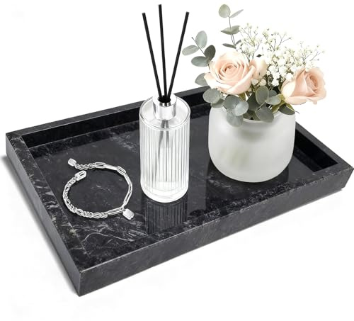CHANGWAYNE Reines Naturmarmor-Tablett für Bad, Kommode, Waschbecken. Kosmetik, Pflegeartikel, Parfüms, Schmuck, Kerzen usw. können darauf platziert Werden. (Ozeanwelle Grau, 12 x 8 x 1.2)