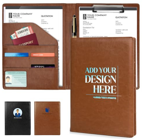 ENOMY Konferenzmappe A4 Personalisiert Schreibmappe Leder Arbeitsmappe mit Logo/Text/Foto Professional Geschäft Aktenmappe Dokumentenmappe für Lebensläufe Interviews Büro Braun
