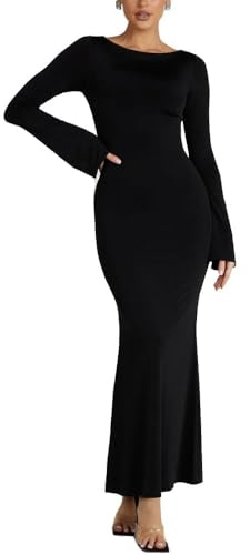 XFSRG Vestito Donna Maniche Lunghe Sexy Maxi Abito Bodycon Elegante Vestito Lungo da Sera Tinta Unita Nero Abito da Festa Abito da Cocktail(XL)