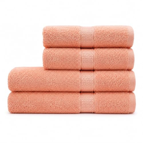 Harmatex 4 teiliges Premium Badetuchset - 100% Baumwolle 550 g/m² flauschig, saugstark, 2 Aufhänger, ÖKOTEX Zertifiziert, 2X 50X100 und 2X 70X140cm (Salmon)