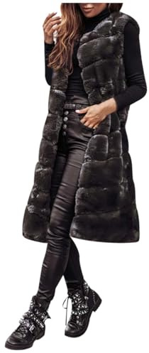 Generisch Gilet d'hiver pour femme - Manteau d'hiver en fausse fourrure - Veste sans manches - Veste d'hiver avec capuche - Manteau long - Vêtement d'extérieur chaud - Gilet en fausse fourrure