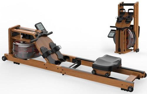 Wasser Rudergerät für Zuhause, Rudergerät Holz Klappbar, Rudermaschine mit Bluetooth Anzeige und Tablet-Halterung, Max 200kg Belastbar, Kompatibel mit Kinomap APP