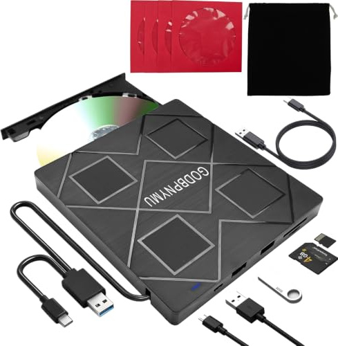 GODBPNYMU Lecteur CD/DVD externe 5 en 1 pour ordinateur portable, graveur de CD, lecteur DVD, graveur DVD avec 4 sacs à disque et pochette de rangement, USB 3.0 Slim DVD ROM, compatible avec Win11/10