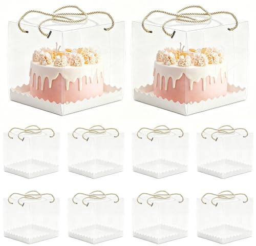 BPTZYLN 10pcs Clear Cake Box,12x12x12cm Bento Cake Box with White Cato and Rope,4 Inch Clear Gift Boxes for Candy Chocolate Dessert at Birthday,Parties and Holiday Packaging