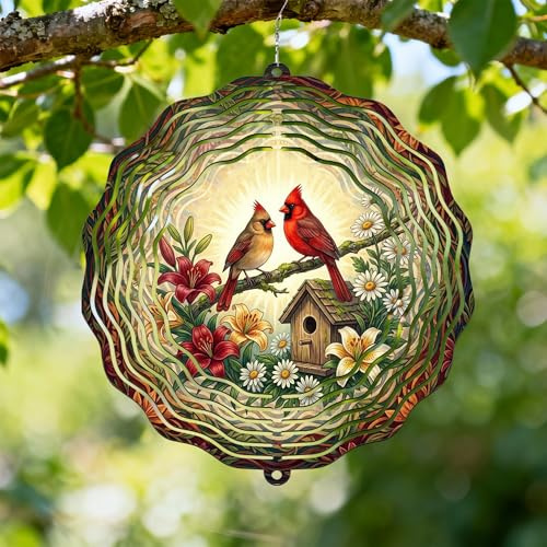 Moulin à vent en forme d'oiseaux - Fleurs fantaisistes - Mangeoire à oiseaux en métal rouge - Sculptures cinétiques à vent - Ornements d'extérieur pour jardin, terrasse, porche, balcon, décoration