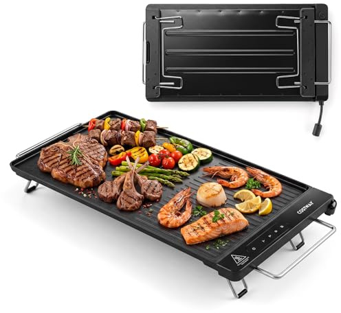 COSTWAY Electric Teppanyaki Grill, 1300W BBQ Griddle with Removable Touch Panel, 2 Nonstick Cooking Zones, Adjustable Temperature, Insulated Handles & Foldable Legs, Dishwasher Safe Table Top Grill