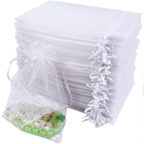 100 Stueck Weiss Organzasaeckchen 10x15 cm Organzabeutel mit Kordelzug, Kleine Saeckchen zum Befuellen fuer Hochzeit Party Festival, Transparente Geschenksaeckchen Schmuckbeutel Geschenkbeutel