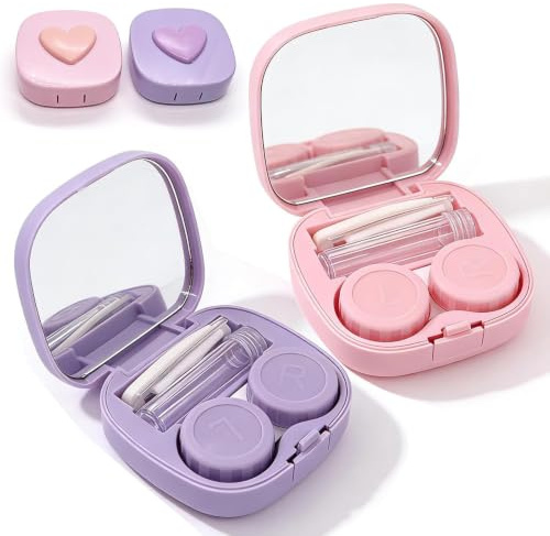 2 Piezas Estuche Lentillas con Espejo y Kit de Viaje para Lentes de Contacto, Diseño Corazón con Pinzas, Ventosa y Bote de Solución, Portalentillas Portátil para Diario y Viajes, Rosa y Morado