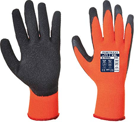 Portwest A140 Cold 10 Latex Crinkle Glove Cut Resistant Thermal Polyester | Orange/Black, X Large, EN ISO 21420 Dexterity 4, EN 511, EN 388, Regular Fit, Breathable Seamless Liner, Construction