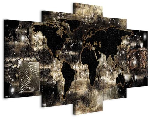 B&D XXL - Wandbilder XXL Weltkarte 200x100cm 5 tlg - Wand Deko Leinwand Bilder Groß Wanddeko Wohnzimmer Schlafzimmer Kunstdrucke - Landkarte World Map Kontinente schwarz braun
