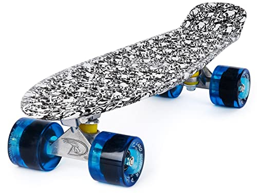 Land Surfer® Retro Cruiser, komplettes Skateboard mit 56-cm-Deck - ABEC-7-Kugellager - Farbige oder durchsichtige PU-Räder (59 mm) + Tragetasche Schwarzes (Schädel Deck/Blau Klar)