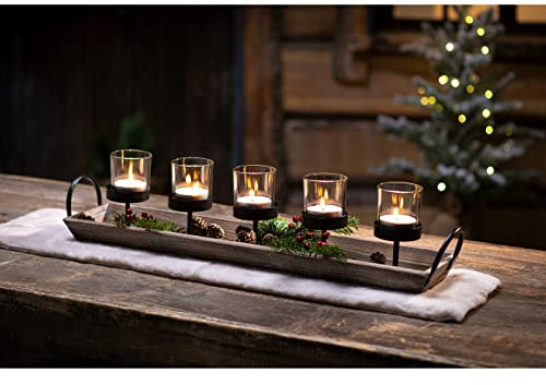 PierSurplus 27,5 in. Rustikal Holz Kerze Mittelpunkt Tablett W/Fünf Kerzenhalter aus Metall Produkt SKU: cl229603