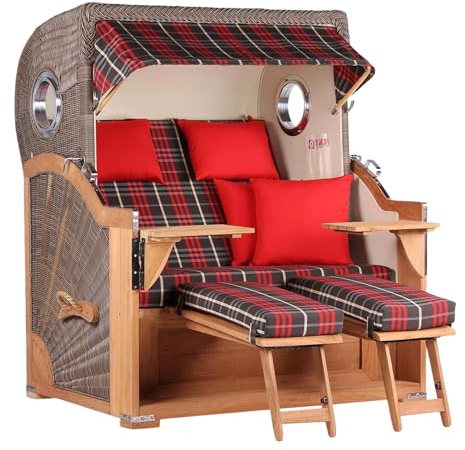 MR. DEKO® Strandkorb Baltikum 2,5-Sitzer Teak | PE Geflecht Grey | Volllieger Strandkörbe aus Teakholz mit 2 Bullaugen & Fußablagen | Polster mit 4 Kissen | Strandstuhl (Dessin 529)